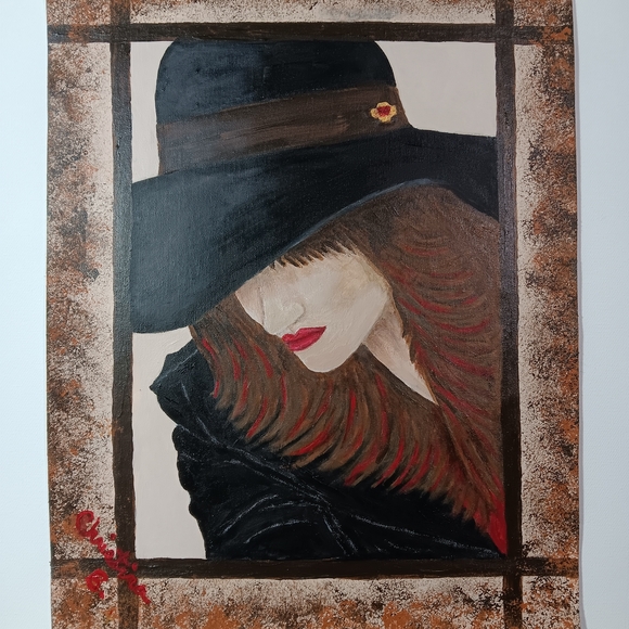 Hand Painted Woman in Black Hat Painting 11 X 14 Acrylic On Canvas Pad Unframed